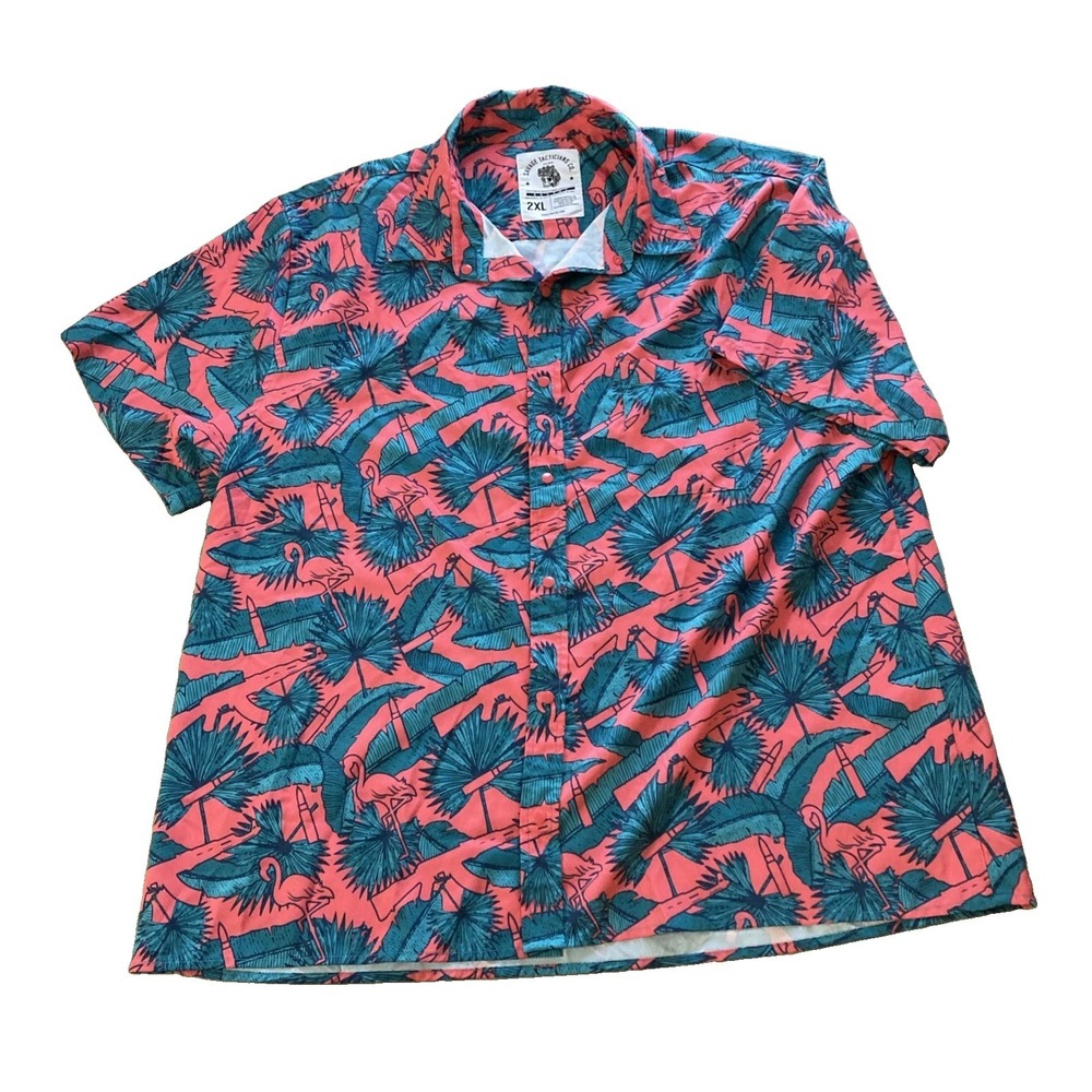 Savage Tacticians AK Tropical Shirt Mens Sz 2XL Snap Flamingo Hawaiian Stretch
